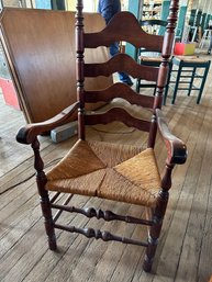 Vintage Rustic Ladderback Armed Rush Seat Dining Chair