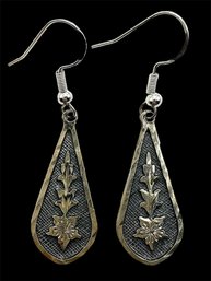 Vintage Sterling Silver Teardrop Dangle Earrings With Flower Accents