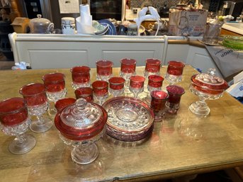 Set Of Vintage Kings Crown Ruby  Thumbprint Pattern Glassware