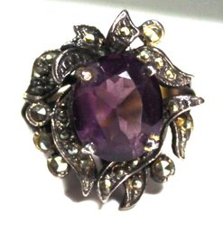 LARGE FANCY STERLING SILVER COCKTAIL RING AMETHYST STONE MARCASITE STONES SIZE 7