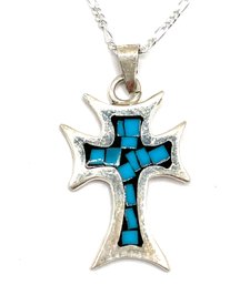 Vintage Italian Sterling Silver Chain With Mexican Sterling Silver Turquoise Inlay Cross Pendant