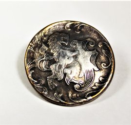 Antique Sterling Silver Round Pin Brooch Having A Lion