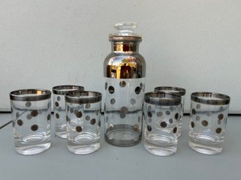 Vintage Silver Polka Dot And Rim Decanter And 6 Glasses Barware, Dorothy Thorpe Style