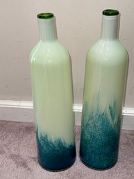 Two Green And Aqua Painted Glass Vases