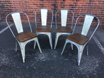 Lot Of Four (4) Beautiful French STYLE Cafe Chairs - Wood Seats With Galvanized Metal Frames - GREAT Set - WOW
