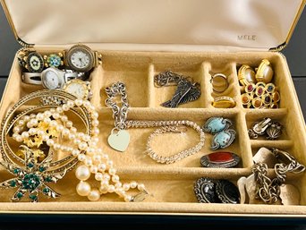 Vintage Jewelry Box And Jewelry Including Sterling Bracelets, Necklace & Pin