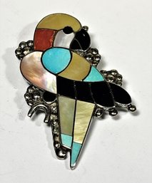 Southwestern Style Sterling Silver Parrot Brooch Having Turquoise Coral Inlay