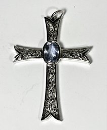 Fine Sterling Silver Larger Sized Cross Pendant Having Aqua Colored Stone