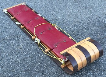 A Vintage Canadian Bent Wood Toboggan With Hand Stitched And Tufted Seat - Perfect For Winter!