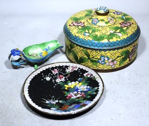 Lot Antique Chinese Enamel Cloisonne Box, Tray And Dish