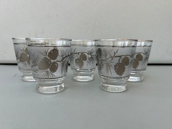 Vintage Libbey MCM Frosted Silver Pine Cone Cocktail Glasses Barware- Set Of 5