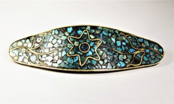 Large Silver On Brass Crushed Turquoise Stone Brooch