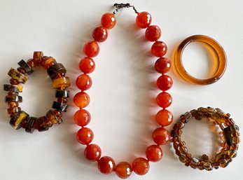 Amber & Amber Tone Necklace & 3 Bracelets, Some Vintage