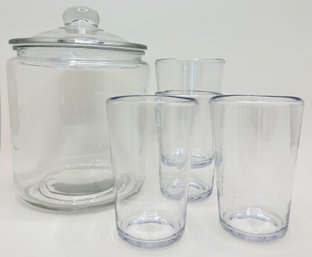 Glass Cookie Jar & Set 4 Heavy Plastic Picnic Glasses Purchased At Breakers, Palm Beach