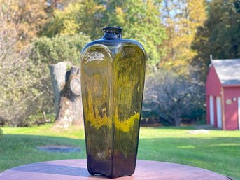 Antique Hand Blown Glass Bottle In Olive Green