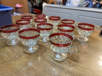 Set Of 12 Indiana Red  Ruby Rimmed Handled Diamond Cut  Cups