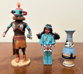 Vintage Carlson Doll Native American Doll, Art Vase, Kalet Aka, Guard For Kachina Doll.