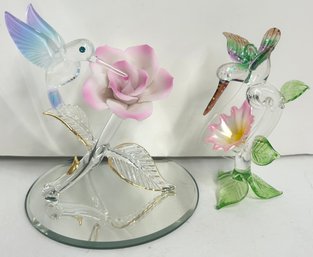 2 Glass Art Hummingbird Figurines - 1 W/ Swarovski Crystals & 22kt Gold Accents!