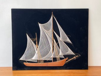 Vintage 1976 String Art Ship Boat MCM Schooner Sailboat On Velvet Board