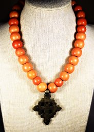 Ethiopian Cross Pendant Large Coral Beaded Necklace