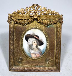 French Fancy Gilt Bronze Table Frame Signed Miniature Painting Of Lady In Hat