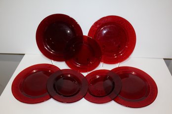 4 Ruby Red Glass Plates 11' Arcoroc? - 3 Ruby Red Glass Bread Plates 8' Not Shippable