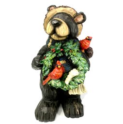 A Large Simulated Wood Holiday Bear Figure