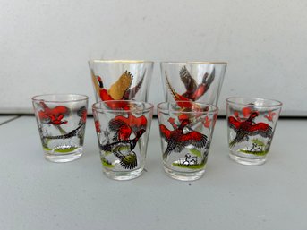 Vintage Hazel Atlas Pheasant Cordial Glasses And Shot Glasses - Set Of 6