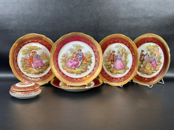 A Selection Of Gorgeous Vintage Limoges Plates With Fragonard Illustrations (Cranberry)