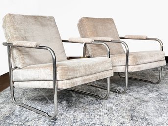 A Pair Of Vintage Chrome Arm Chairs In Crushed Velvet By The Pace Collection, C. 1970s