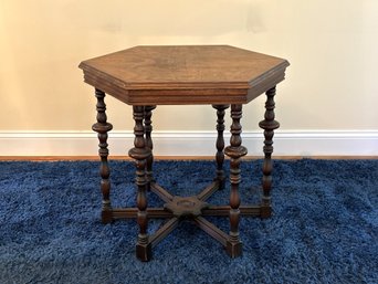 A Vintage Hexagon Foyer Table With Turned Legs & Bookmatched Top