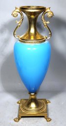 French Gilt Metal And Opaline Blue Glass Tall Mantle Vase