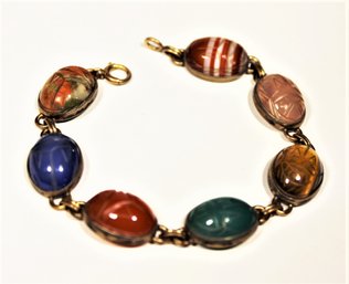 Fine Vintage Sterling Silver Carved Hard Stone Scarab Bracelet Striped Agate