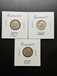 3 Silver Roosevelt Dimes 1957, 1961, 1964