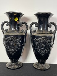 PAIR OF 19TH CENTURY REDWARE POTTERY VASES PAINTED BLACK