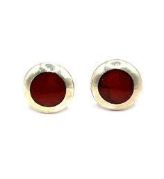 Sterling Silver Burnt Red Color Inlay Round Earrings