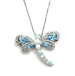 Beautiful Designer Sterling Silver Blue Topaz And Opal Dragon Fly Pendant Necklace