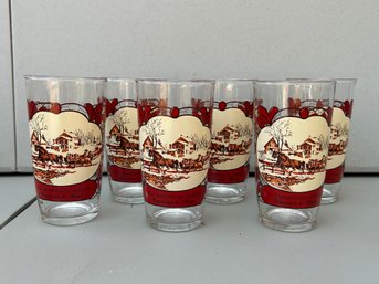 Vintage Currier & Ives Tumblers, Seasonal Old Homestead Winter Pattern - Set Of 6.