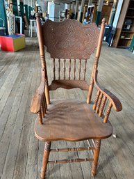 Vintage Red Tiger Oak Spindle Pressed Back  Armed Chair