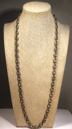 ELONGATED STERLING SILVER HEAVY NECKLACE HAVING PRONG SET TINY WHITE STONES 27' LONG