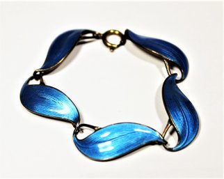 Sterling Silver Vintage MCM Blue Enamel On Sterling Silver Link Bracelet Leaf Form