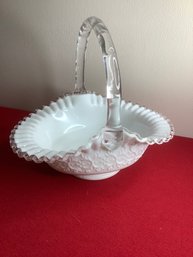 Fenton Silver Crest Style Milk Glass Ruffled Crimped Rim Lace Large Basket