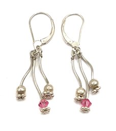 Beautiful Sterling Silver And Pink Beaded Dangle Earrings