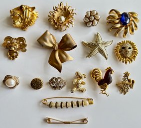 15 Gold Tone Brooches & 14 Karat Gold Collar Holder, Mostly Vintage