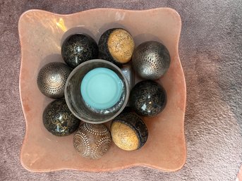 Orange Painted Glass Display Plate From Spain W/ Candle Vase & Double - Wick Blue Candle & 8 Decorative Balls