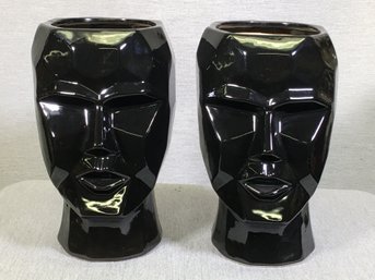 Very Cool Pair Of Black Head Vases / Planters / Hat Stands Or WHATEVER ! - Very Cool - Black High Gloss