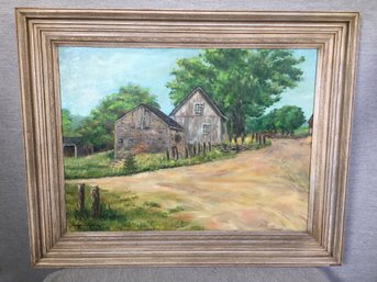 Very Nice Vintage Oil On Canvas - Signed Evelyn Bagshaw - Original Frame - Barns - Country Roads - Trees