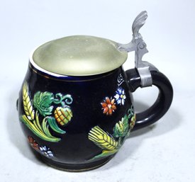 Vintage Western Germany Cobalt Blue Stein Having Pewter Lid And Flowers