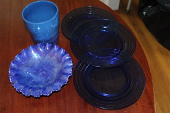 Blue Glass Plates, Ceramic Vase