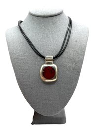 Vintage Mexican Sterling Silver Red Inlay Stone Pendant On Black Rope Necklace